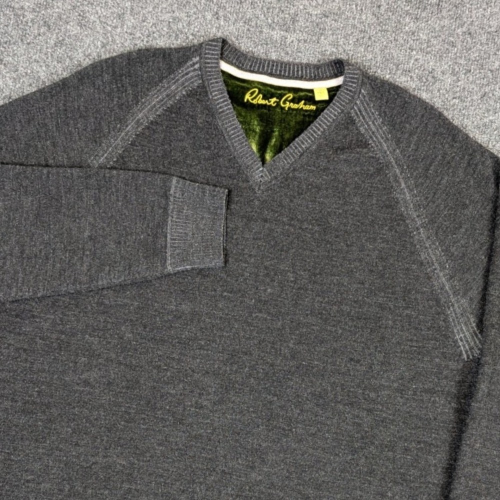Robert Graham Mens 2XL Charcoal Gray Wool Cashmere V-Neck Sweater Classic Fit